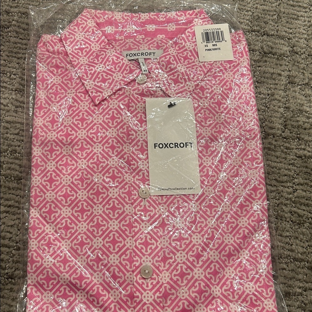 Margie Geo Lattice Three-Quarter Sleeve Button-Up Shirt Pink/White M - Picture 4 of 5
